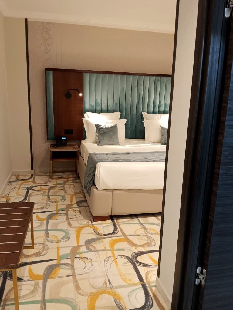 Chambre avec balcon de l'Hôtel Printania à Alger, porte-fenêtre ouverte sur les toits de Telemly